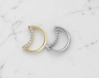 16G Pave CZ Moon Clicker Ring | Titanium Hinged Segment Hoop (Septum, Daith, Cartilage, Nose)