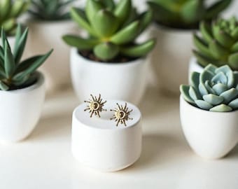 May include: A pair of gold-colored sunburst stud earrings on a white cylindrical display. The earrings are the focal point, set against a backdrop of potted succulents in white ceramic pots, creating a natural, minimalist aesthetic.