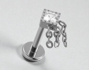 Implant Grade Titanium Dangle Chain Stud Earrings, CZ Cartilage Minimal Jewelry