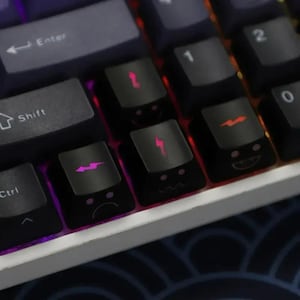 May include: Close-up of a mechanical keyboard with black keycaps. Some keycaps feature cartoon faces and symbols like lightning bolts and arrows. The keyboard has a white frame and is lit with purple and red lights.