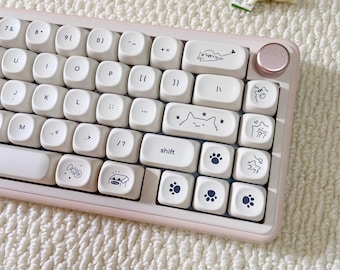 Hangul Korean PBT Milky Cute Cat Keycap Set, MOA Profile Top Print for 60–100% Mechanical Keyboard, Office Gamer Layout