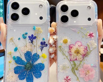 Real Dried Flower Glitter Clear Phone Case, Transparent Epoxy Silicone Cover for 12–17 Pro Max Air Models