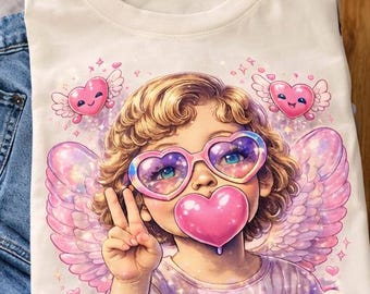 Retro Cupid Valentines Day PNG, Funny Cupid with Sunglasses Blowing Bubble, Vintage Valentine Clipart Digital Download