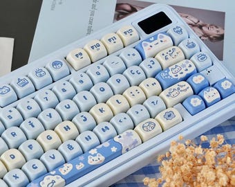Cute Blue Cat PBT Double Shot Keycap Set MOA Profile for 61 68 75 87 104 Layout Mechanical Keyboard