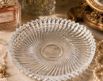 Vintage Crystal Vanity Tray | Ribbed Glass Catchall Dish | 7.5” Decorative Trinket Tray | Romantic Botanical Decor