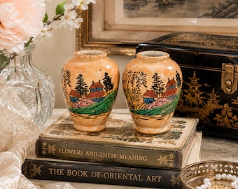 Vintage Japanese Lusterware Mini Vase Pair | Hand-Painted Ceramic Bud Vases | Romantic Asian Shelf Decor | Made in Japan