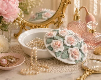 8” Vintage Porcelain Rose Lidded Bowl | Romantic Floral Jewelry Box | Elegant Vanity Decor | Cottagecore Keepsake Dish | Shabby Chic