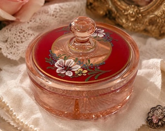 Vintage Pink Glass Lidded Vanity Trinket Box | Hand-Painted Floral Powder Jar | Cottage Chic Jewelry Box | Romantic Vanity Decor