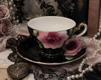Vintage Black Rose Teacup & Saucer Set | Made in Japan | Hand-Painted Pink Roses | Romantic Gothic Cottage Decor | Victorian Tea Party