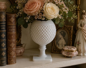 Vintage Westmoreland Milk Glass Hobnail Pedestal Vase | 7” White Milk Glass Vase | Romantic Cottage Decor | Grandmillennial | Wedding Decor