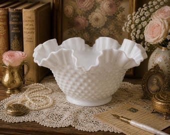 Fenton Hobnail Milk Glass Ruffled Bowl – Large 9” Vintage Centerpiece – White Fenton Art Glass – Cottagecore Decor