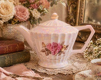 Vintage Pink Lusterware Floral Teapot – 9” Wide w/ Lid – Iridescent Rose Teapot – Cottagecore Tea Party Decor – Romantic Heirloom Kitchen
