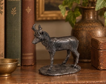 Vintage Pewter Goat Antelope Figurine | Small Pewter Horned Animal Statue | Mountain Goat Style Decor | Rustic Woodland Shelf Accent