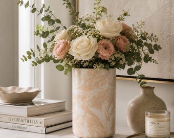 Marbled Ceramic Vase | Cream & Blush Swirl Vase | Neutral Stoneware Floral Vase | Cottage Kitchen Decor | Modern Organic Home Decor | 9”