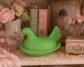Mint Green Hen on Nest Covered Dish | Jadeite Style Chicken Dish | Farmhouse Cottagecore Kitchen Decor