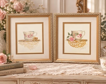 Vintage Signed Sandy Lynam Clough Teacup Prints Set of 2 | Framed Cottagecore Wall Art | Floral Tea Cup Decor | Victorian Style