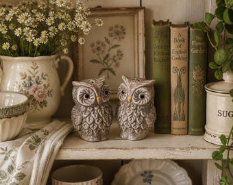 Vintage Owl Salt and Pepper Shakers | Ceramic Woodland Cottage Kitchen Decor | Neutral Brown Owl Shaker Set | Cottagecore Shelf Decor