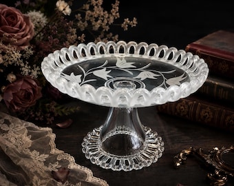 Vintage Etched Glass Pedestal Compote | Open Lace Rim Candy Dish | Jewelry Holder | Vanity Decor | Romantic Cottage Display | 7.5”
