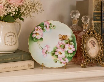 Vintage Bavaria Hand Painted Floral Plate | German Porcelain Cabinet Plate | Pink Roses & Bee Motif | Cottagecore Wall Decor