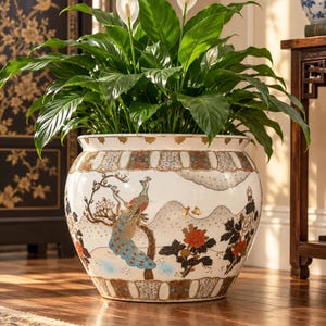 May include: A large, round, white ceramic planter featuring a hand-painted peacock, vibrant red and white flowers, and gold-toned accents. The rim and base are decorated with intricate geometric patterns in gold, black, and white, holding a green peace lily.
