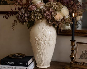 Vintage Lenox Embossed Iris Vase | Large 15” Ivory Porcelain Vase with Gold Trim | Elegant Floral Centerpiece