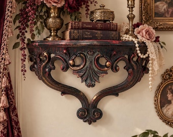 Vintage Italian Ornate Wall Shelf | Black Red Gold Baroque Shelf | Made in Italy Decorative Wall Corbel | Gothic Victorian Decor