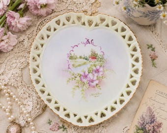Vintage Hand-Painted Heart Plate | Cottagecore Wall Decor | Reticulated Heart Border Plate | Romantic Farmhouse Accent