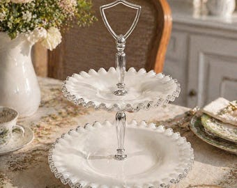 Fenton Silver Crest 2-Tier Tidbit Tray | Milk Glass Dessert Stand | Vintage Fenton Art Glass | Ruffled Edge Serving Tray | Tea Party Decor