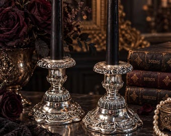 Vintage Godinger Silverplate Candlestick Holders Pair | Ornate Baroque Rococo Candle Holders | Victorian Silver Decor | Romantic Gothic Home