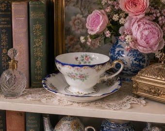 Vintage Occupied Japan Teacup and Saucer Cobalt Blue & Pink Floral Trimont China | Cottagecore Tea Party Decor