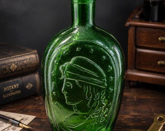 Vintage Emerald Green Double-Sided Glass Bottle | Eagle & Classical Portrait Relief | Apothecary Bottle | Dark Academia Decor