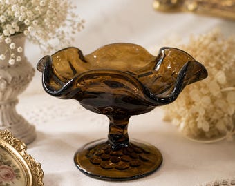 Vintage Amber Pedestal Compote | Mid-Century Art Glass Centerpiece | Botanical Shelf Decor | Rustic Cottage | Fruit Bowl | Collectible Glass