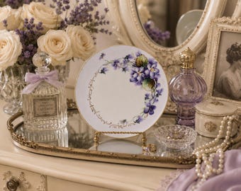 Vintage Hand Painted Violet Floral Plate | Decorative Porcelain Cabinet Plate | Lavender & Gold Cottagecore Decor | Romantic Parlor Display