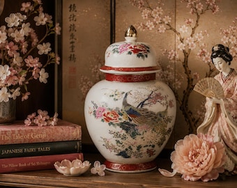 Large Vintage Peacock Ginger Jar with Lid | Crackle Glaze Porcelain Urn | Asian Inspired Chinoiserie Decor