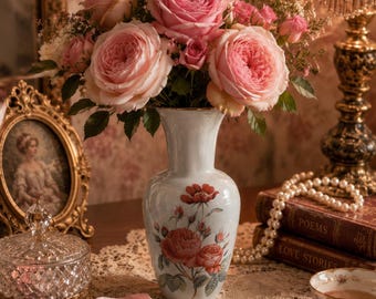 Vintage Rose Porcelain Vase | Romantic Cottagecore Floral Accent | 7” Decorative Bud Vase
