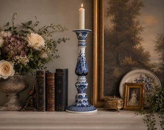 Vintage 14” Blue & White Porcelain Candlestick | Delft-Inspired Floral Candle Holder | Chinoiserie Cottage Decor | Grandmillennial Mantel