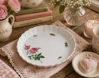 Oneida Rose Pie Plate | Floral Ceramic Baking Dish | Cottagecore Serving Tray | Pink Rose Dish | Romantic Kitchen Decor | 9 Inch