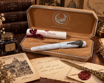 Vintage Campo Marzio Roma Microscultura Rollerball Pen | .925 Sterling Silver Sculptural Trim | Pearlescent White Italian Pen with Original