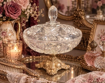 Vintage Cut Glass Lidded Compote Candy Dish on Ornate Gold Pedestal | Victorian Style Crystal Bowl | Romantic Vanity Decor