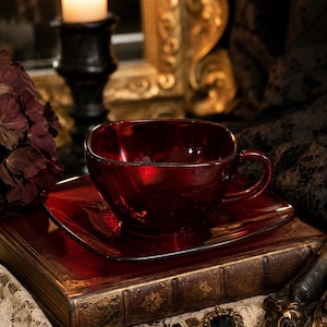 Vintage Anchor Hocking Fire-King Royal Ruby Charm Teacup & Saucer | Mid Century Ruby Red Glass | Romantic Cottage Decor |
