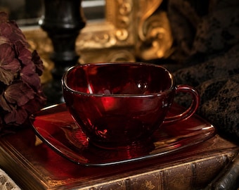 Vintage Anchor Hocking Fire-King Royal Ruby Charm Teacup & Saucer | Mid Century Ruby Red Glass | Romantic Cottage Decor |