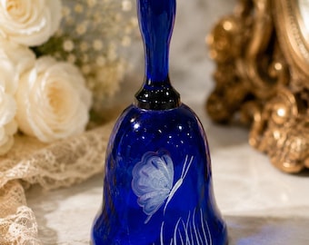 Vintage Cobalt Blue Art Glass Bell | Hand Painted Butterfly Bell | Signed Glass Collectible | Cottagecore Shelf Decor