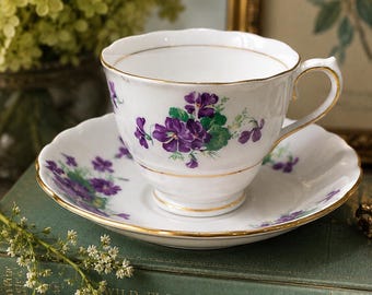 Vintage Colclough Bone China Teacup & Saucer | Purple Violet Floral Tea Cup | Made in England | Cottagecore Tea Party Decor