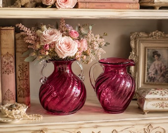 Vintage Cranberry Art Glass Vase & Pitcher Set | Hand Blown Swirl Glass | Clear Applied Handles | Pink Victorian Decor