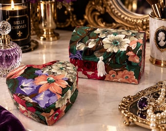 Vintage Floral Fabric Trinket Box Set | Heart Jewelry Box & Tassel Treasure Chest | Retro Vanity Storage | Romantic Maximalist Decor