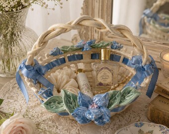 Signed Handmade Ceramic Woven Basket with Blue Floral Accents | Studio Pottery | Cottagecore Decor | French Country Basket | Vanity Decor