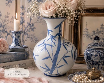 Blue & White Bamboo Vase | Hand Painted Porcelain Vase | Chinoiserie Decor | Decorative Ceramic Vase | Approx. 8.5”
