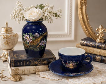 Vintage Cobalt Blue Peacock Bud Vase & Matching Teacup with Saucer Set | Japanese Style Porcelain | Gold Floral Accent Decor