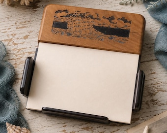 Vintage Nautical Wooden Note Holder | Sailing Ship Memo Pad Holder | Coastal Desk Organizer | Laser Engraved Maritime Office Decor