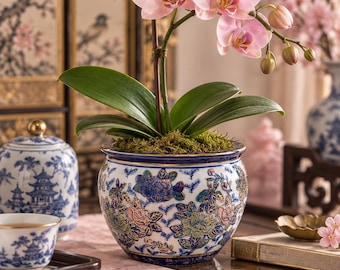 Vintage Chinoiserie Jardiniere Porcelain Planter Blue White Green Pink Gold 4.5”